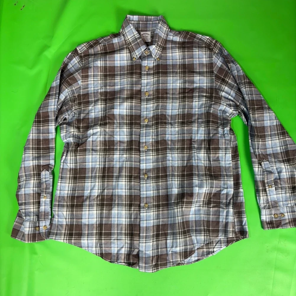 Brooks Brothers Brushed Cotton Button Shirt Mens L Blue Brown Plaid Regent Fit